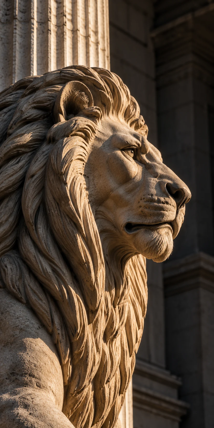 Carved limestone lion in warm sunlight